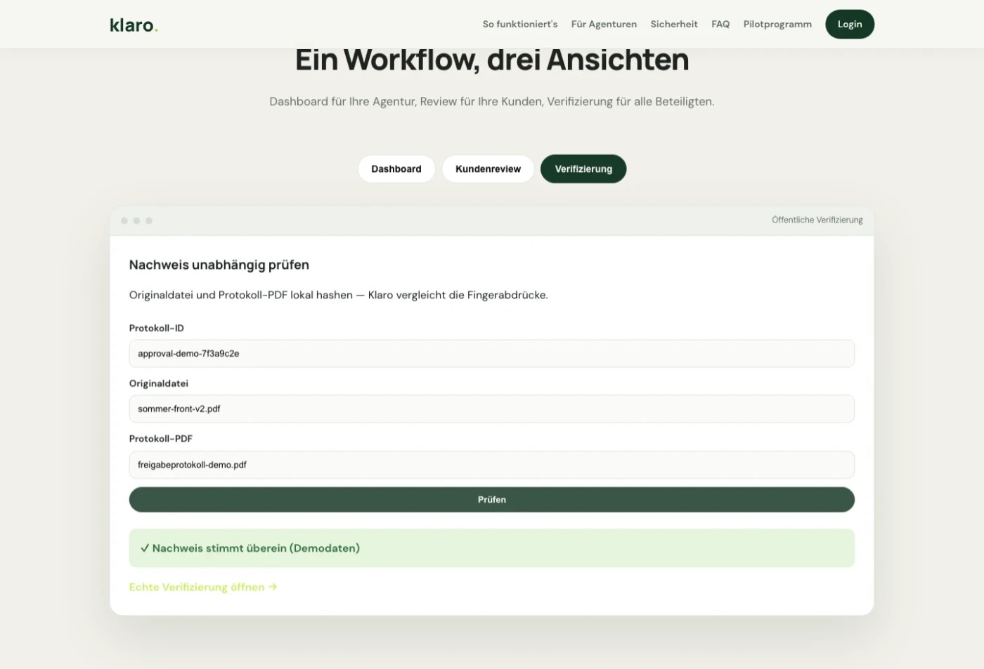Verifizierung einer Freigabe in Klaro, Oberfläche mit Demodaten