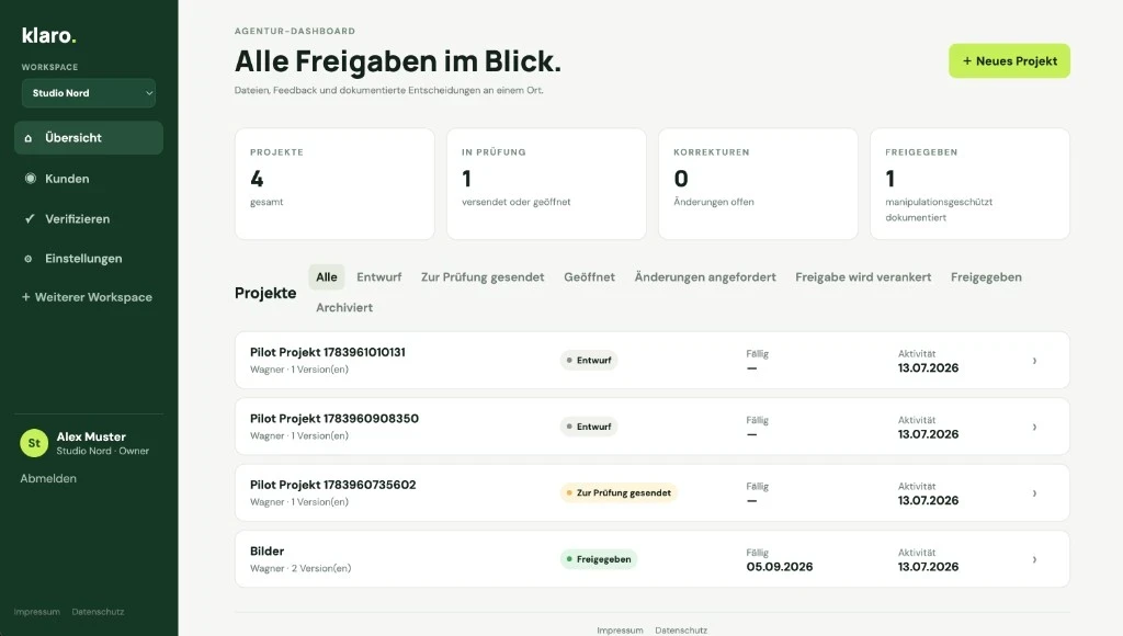 Agentur-Dashboard von Klaro mit Projektübersicht und Freigabestatus