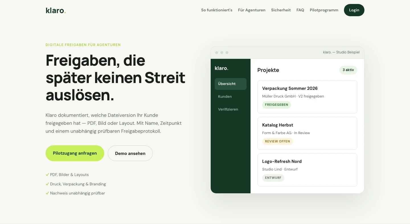 Startseite von Klaro mit der Projektübersicht für Agenturen
