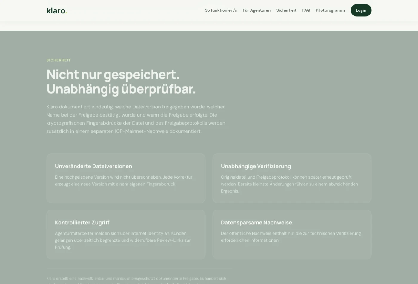 Sicherheitsabschnitt von Klaro zum ICP-Mainnet-Nachweis und zu Internet Identity