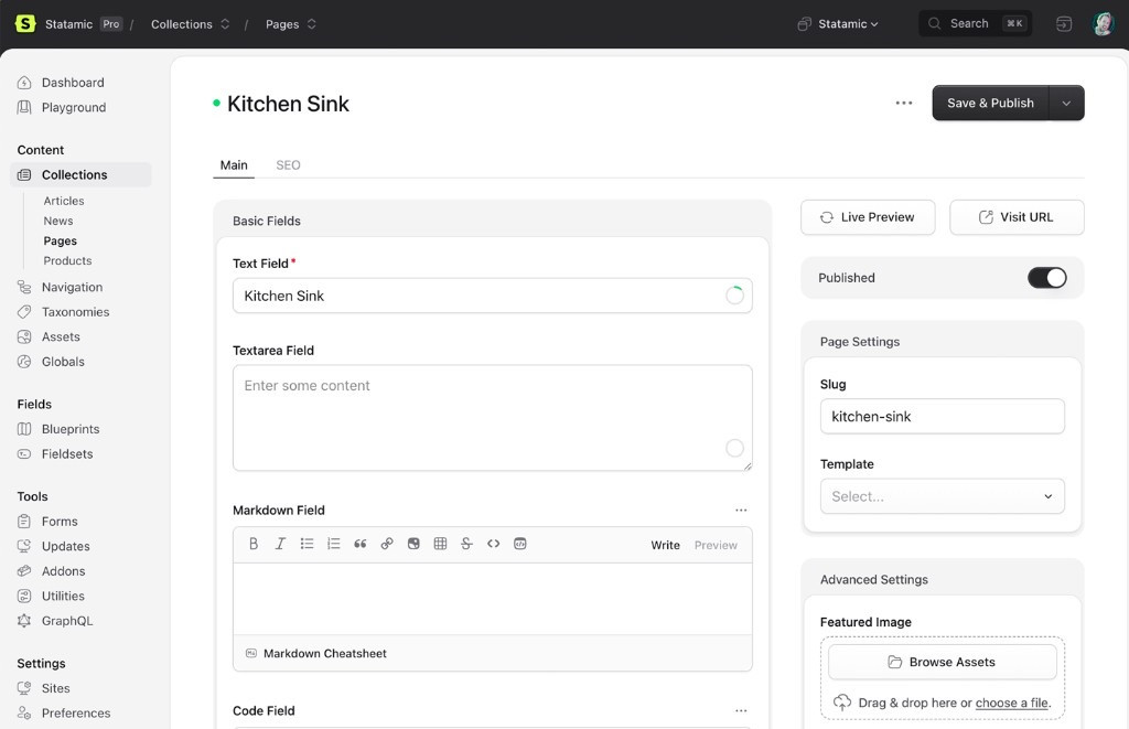 Statamic Control Panel mit Content-Editor und Blueprints – Statamic-Entwicklung